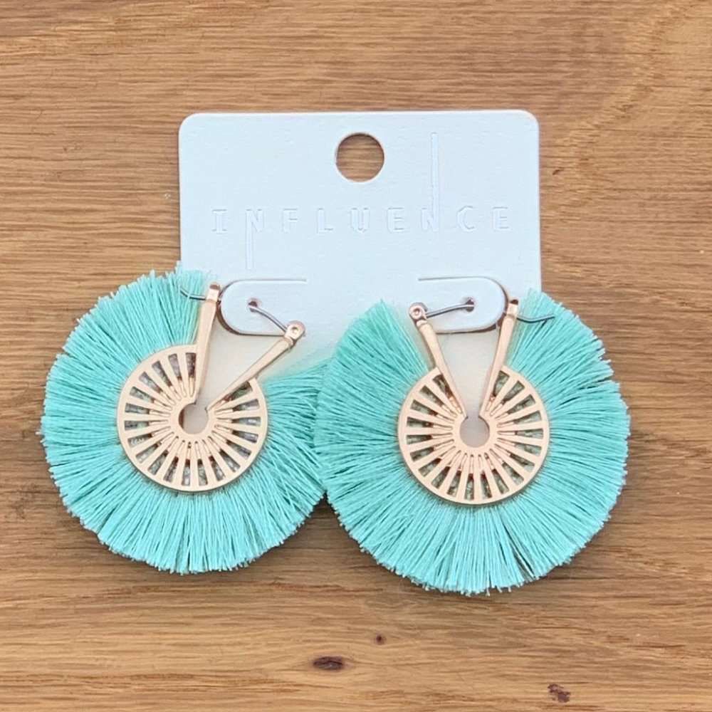 Fringed Thread Tassel Hoop Earrings ~ Mint